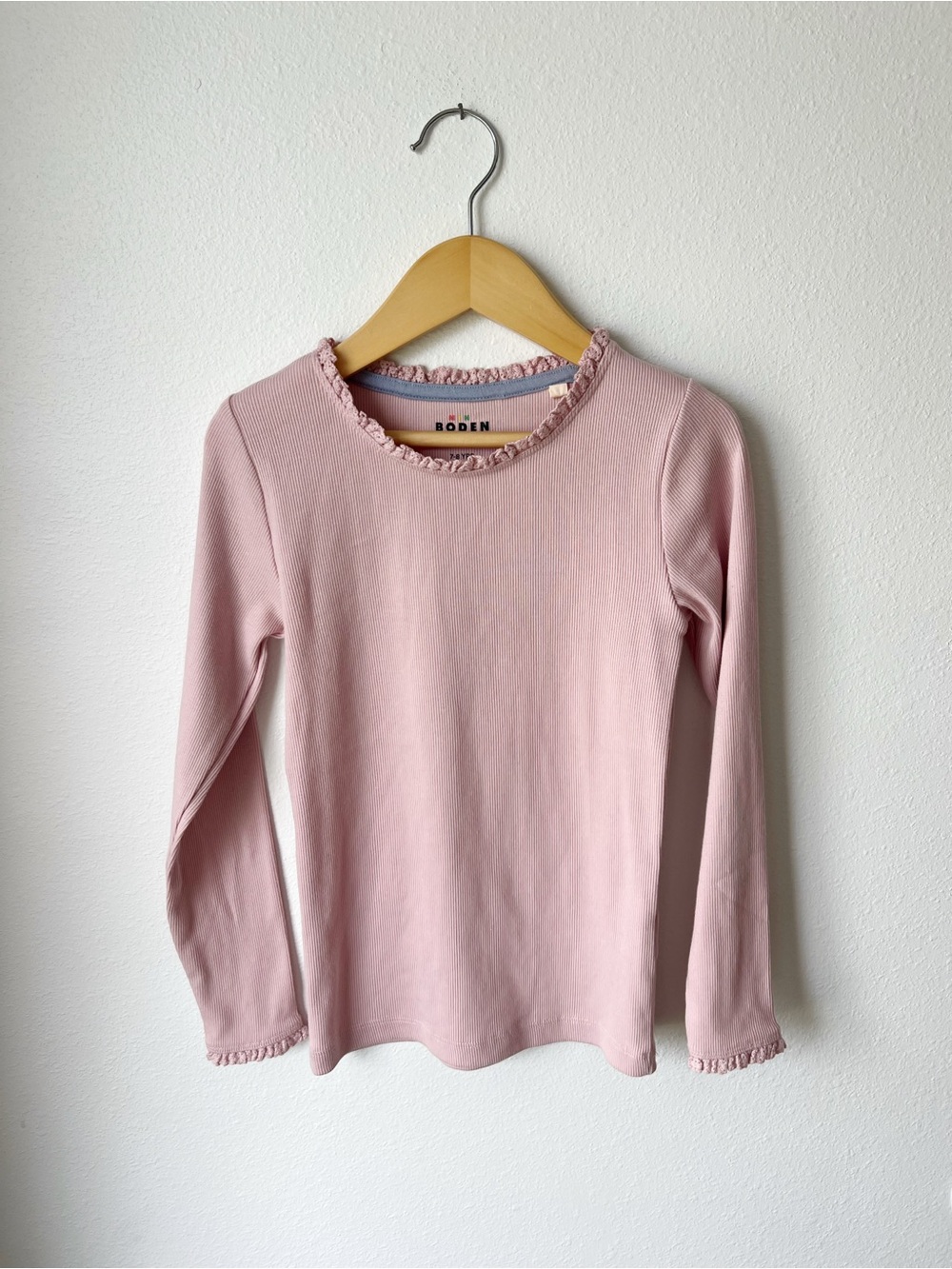 MINI BODEN | Long Sleeve Ribbed Lace Trim Shirt | 7/8